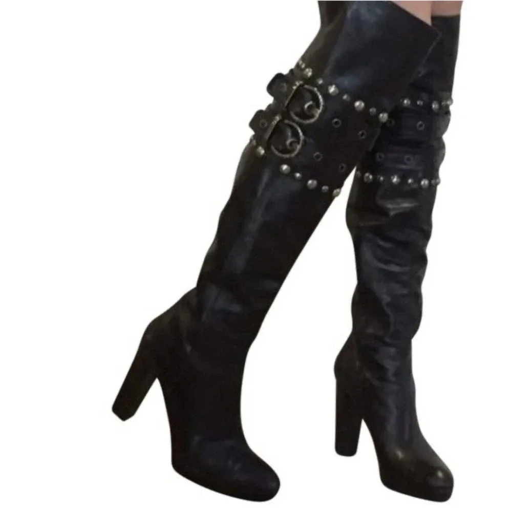 Stuart Weitzman Carnaby Black Leather Studded Buckle Over The Knee Heeled Boot 8